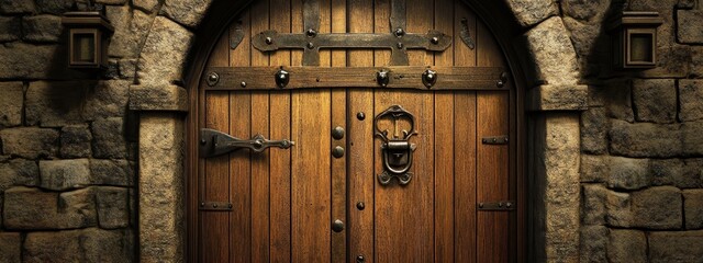 A rustic wooden door with metal accents set in a stone wall, suggesting an entrance to a historic building.