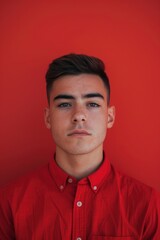 Obraz premium Bold Portrait of Young Man Against Vivid Red Background for Impactful Designs