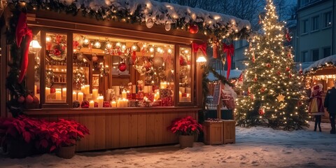 a romantically illuminated stall with arts and crafts at Christmas market in the evening in deep snow