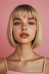 Naklejka premium Young woman with a stylish bob haircut posing against a pink background