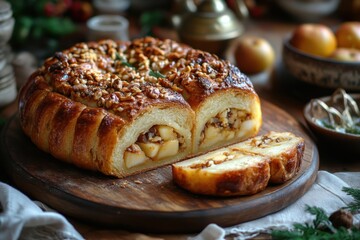 Close up of sliced traditional rosca de reyes bread for epiphany celebration