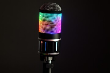 Vintage mic with vibrant spotlight on dark backdrop Music theme