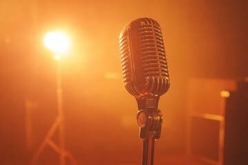 Vintage microphone on orange backdrop Concert mic for recordings or speeches in an empty retro club