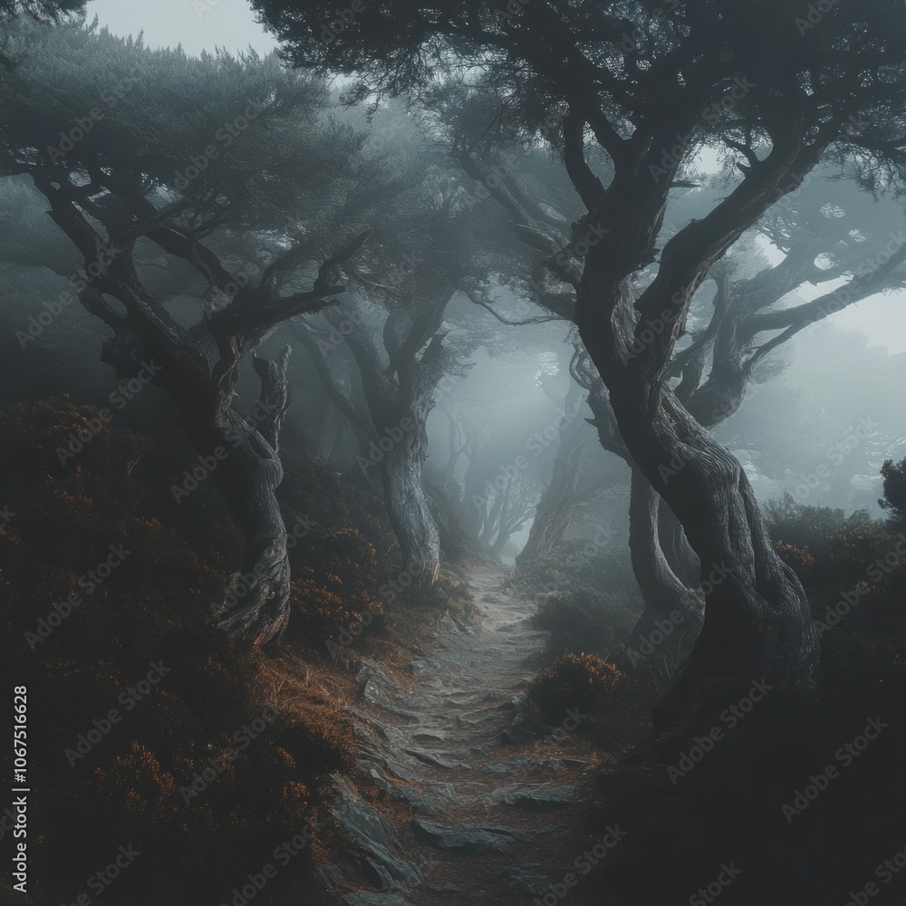 Poster a winding path leads through a mysterious, fog-filled forest with gnarled trees on either side.
