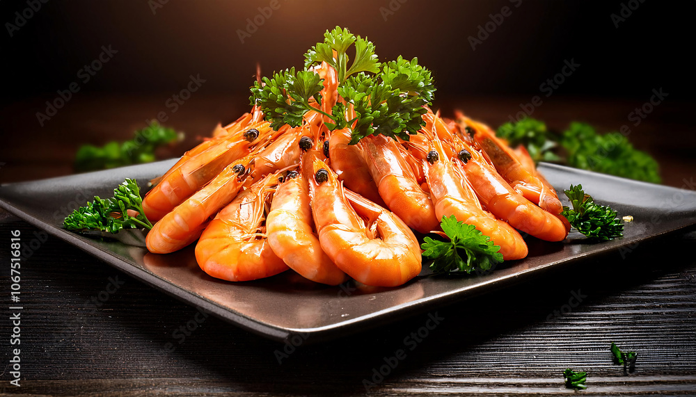 Poster a plate of cooked shrimp arranged in a pyramid shape with parsley on top. generative ai