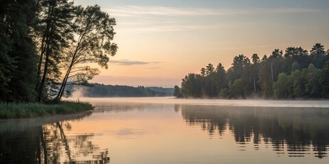 A peaceful lake at dawn with soft light reflected on the water and blurred surrounding trees, serenity, soft light, reflective surfaces, blurred trees, natural scenery