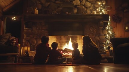 A family of four enjoys a cozy evening by the fireplace, warmed by the flames and the love they share.