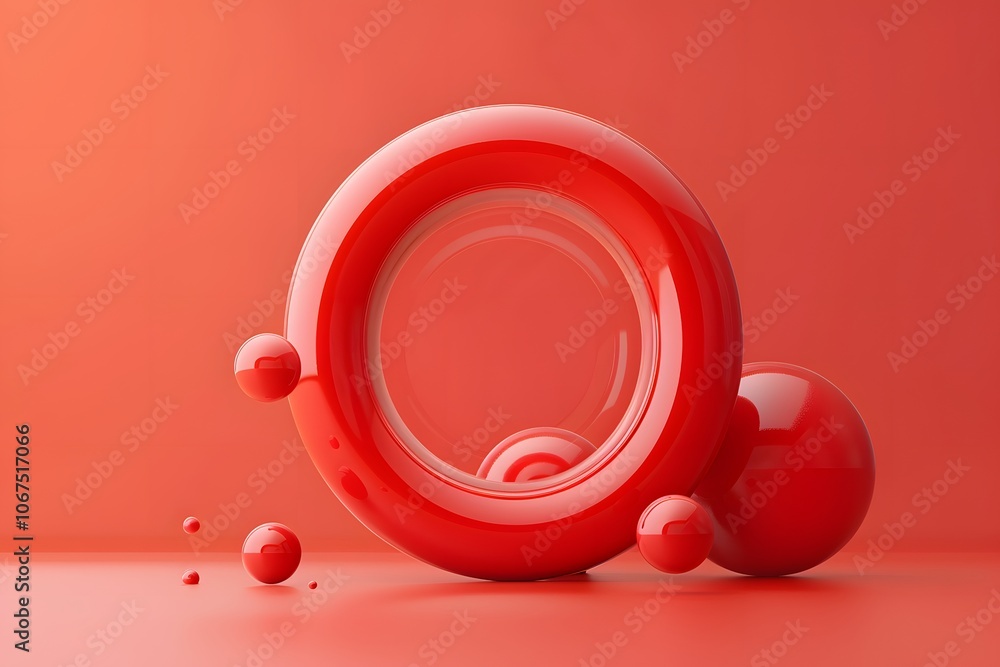 Poster vibrant red abstract composition with spheres and circular forms