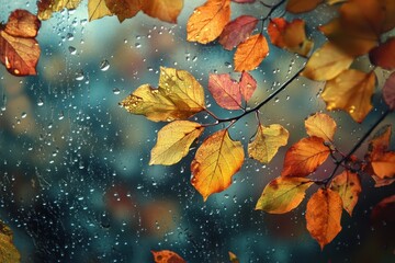 Water droplets on a window Misty glass in autumn