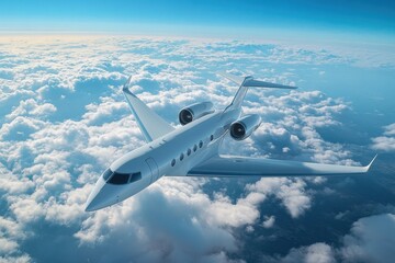 Fototapeta premium Airplane Flying in Clear Blue Sky with Clouds Below