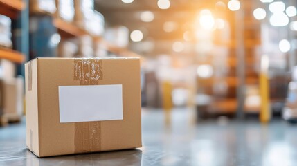 Box with barcode in focus, blurred warehouse background, symbolizing precision and tracking, package tracking, delivery efficiency