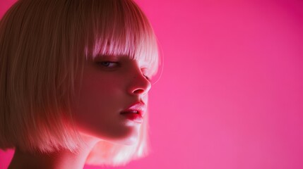 Model poses against a vibrant pink backdrop with striking lighting