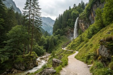 Obraz premium A winding mountain trail with a meandering path, leading to a hidden waterfall, surrounded by dense foliage and towering trees, exploration, outdoors, nature