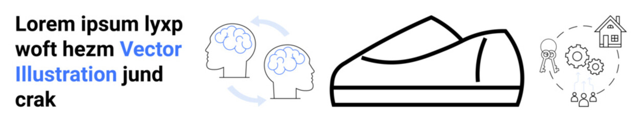 Shoe outline, cognitive process exchange icon with heads and arrows, and a home automation icon with gears and house. Ideal for technology, innovation, fashion, communication, cognitive science