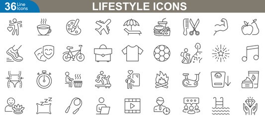 Lifestyle outline web icons set. Healthy eating, fitness, mindfulness, travel, fashion, sustainability and more. vector illustration.