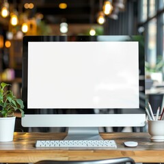 Work place concept : Mock up Blank screen computer desktop with keyboard in cafe or co-working background. -