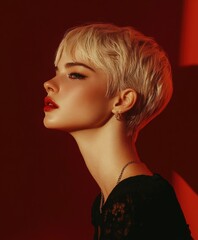 Fototapeta premium Young woman with short blonde hair posing against a red background
