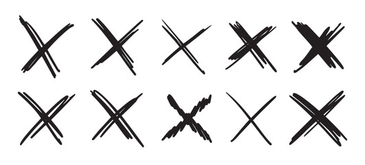 Doodle scribble crosses to cross out or mark text set. X sign sketch style. denial signs isolated on white background.