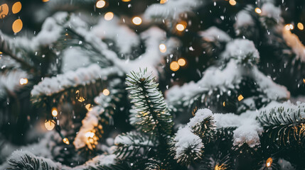 christmas tree branches with garland lights, copy space
