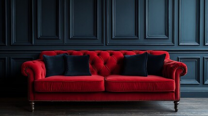 Dark crimson velvet sofa with contrasting black pillows, highlighted against a rustic grunge wall for modern elegance.
