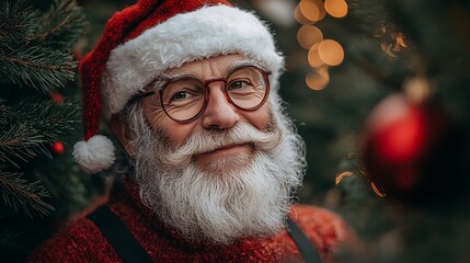 Joyful Santa Claus with a holly-jolly vibe wearing a modern red outfit with suspenders and stylish black boots well-lit details capture his festive expression
