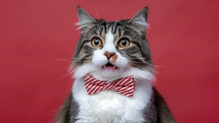 Adorable Cat in Red Bowtie with Surprised Expression on Red Background