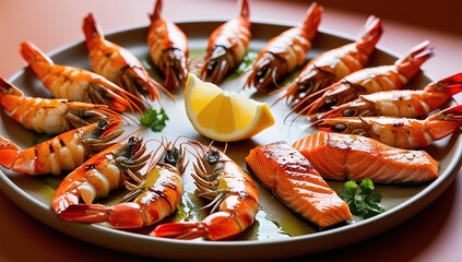 "Artistic Shrimp and Salmon Arrangement with Lemon Slice for Visual Dining Appeal"