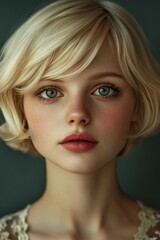 Naklejka premium Portrait of a young woman with short blonde hair and captivating eyes