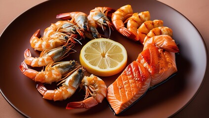 Elegant Shrimp and Salmon Presentation with Citrus Garnish for Gourmet Dining"