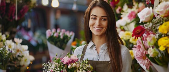 Fototapeta premium Blooming Beauty: The Woman Behind the Bouquets at the Florist Store