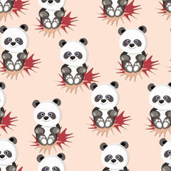 Fototapeta premium Seamless pattern with cute panda baby on color background. Funny asian animals. Card, postcards for kids. Flat vector illustration for fabric, textile, wallpaper, poster, gift wrapping paper