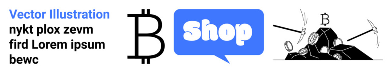 Bitcoin currency symbol and the word Shop in a blue speech bubble next to a pickaxe mining rocks with Bitcoin symbols. Ideal for cryptocurrency, online shopping, digital currency, mining, blockchain