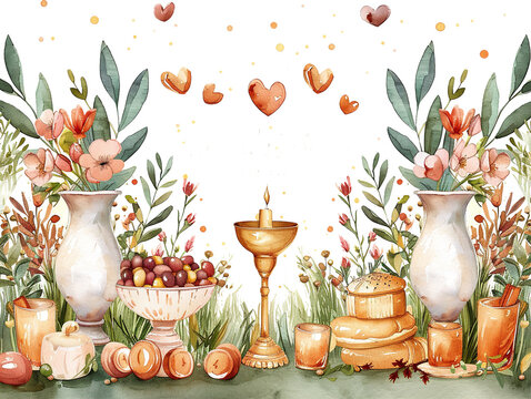 My first communion, written in stylish typography with subtle heart accents. card with pyx and holy rosary, chalice, host and lily flowers