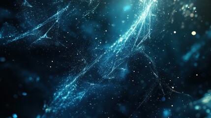 Fototapeta premium Abstract dark blue digital background with sparkling blue light particles and areas with deep depths Particles form into lines, surfaces and grids