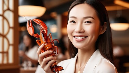 "Joyful Woman Holding Lobster in Gourmet Seafood Restaurant for Memorable Dining"