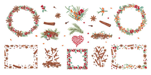 Winter and autumn aromatic spices with berries watercolor illustration clip art. Cinnamons sticks, star anise, cloves, sea buckthorn, cowberry frames, bouquets for hot drinks and Xmas baking.