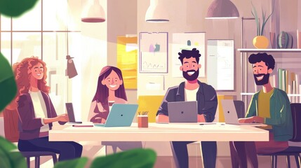 Diverse team using smart tools for collaborative project planning, illustration 