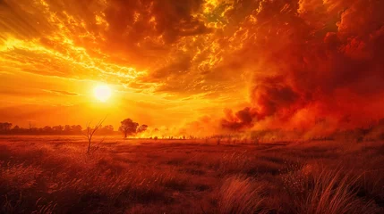 Gardinen Dramatic sunset over fiery landscape with intense red sky and smoke © RISHAD