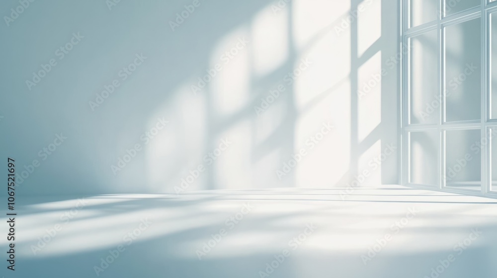 Poster Abstract white studio background for product presentation. Empty room with shadows of window. Display product with blurred backdrop. Soft focus