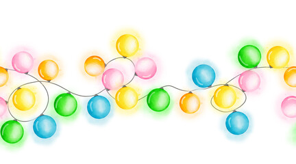 Festive New Year garland with glowing bulbs on a seamless horizontal border. Watercolor digital illustration. Christmas glowing garland isolated on a white background. New Year and Christmas