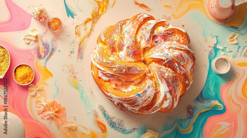 Poster a round, sweet bread topped with sprinkles and frosting sits on a colorful abstract background with 