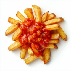 Delicious French fries covered with tomato sauce isolated on white background