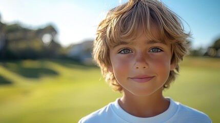 young caucasian boy practicing golf looking directly at the camera with a big smile on a sunny golf course the lush green grass and blue sky create a vibrant and energetic scene filled with joy