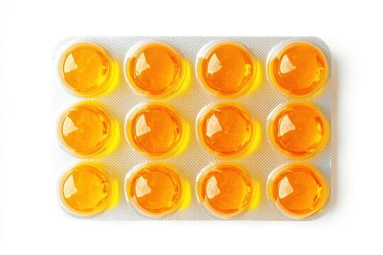 Yellow omega 3 gel capsules in a blister on a white background viewed from above