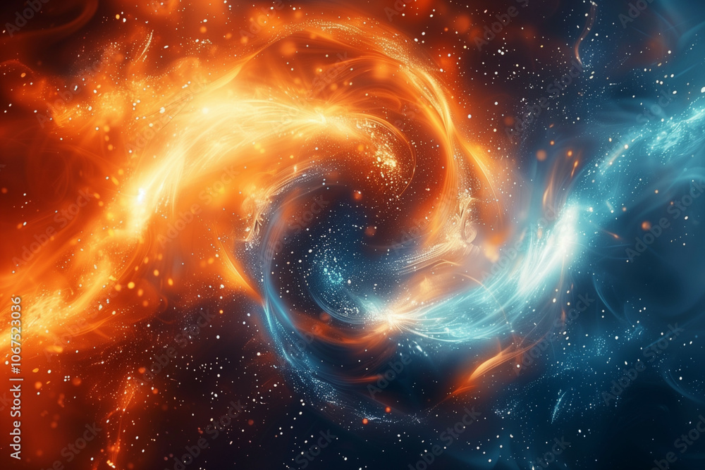 Poster dynamic cosmic collision of fire and ice elements in a stellar nebula, a vivid abstract depiction of
