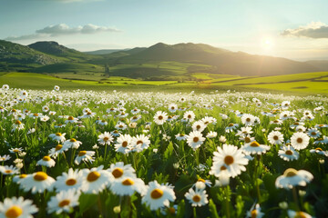 A breathtaking springtime landscape featuring a vibrant field of white daisies under a sunset-lit sky