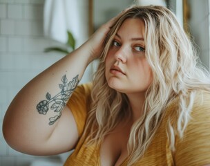 Young blonde Caucasian woman in a bathroom touching her face and gazing into a mirror
