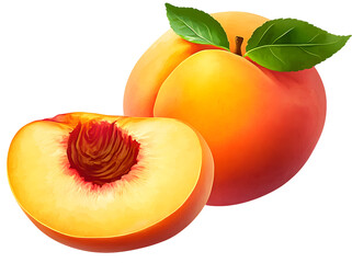 Peach isolated png. Peach with a slice on transparent background. PNG format. Peaches with leaf no background. Full depth of field.