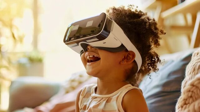 Black little girl using VT glasses playing at home in the sofa