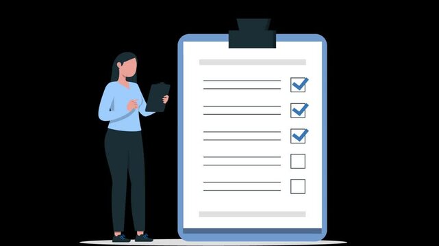 Female employee checking tasklist with clipboard in hand for checklist tick mark in checkbox transparent video. Risk assessment at business risk management strategies checking policies. Girl using tab